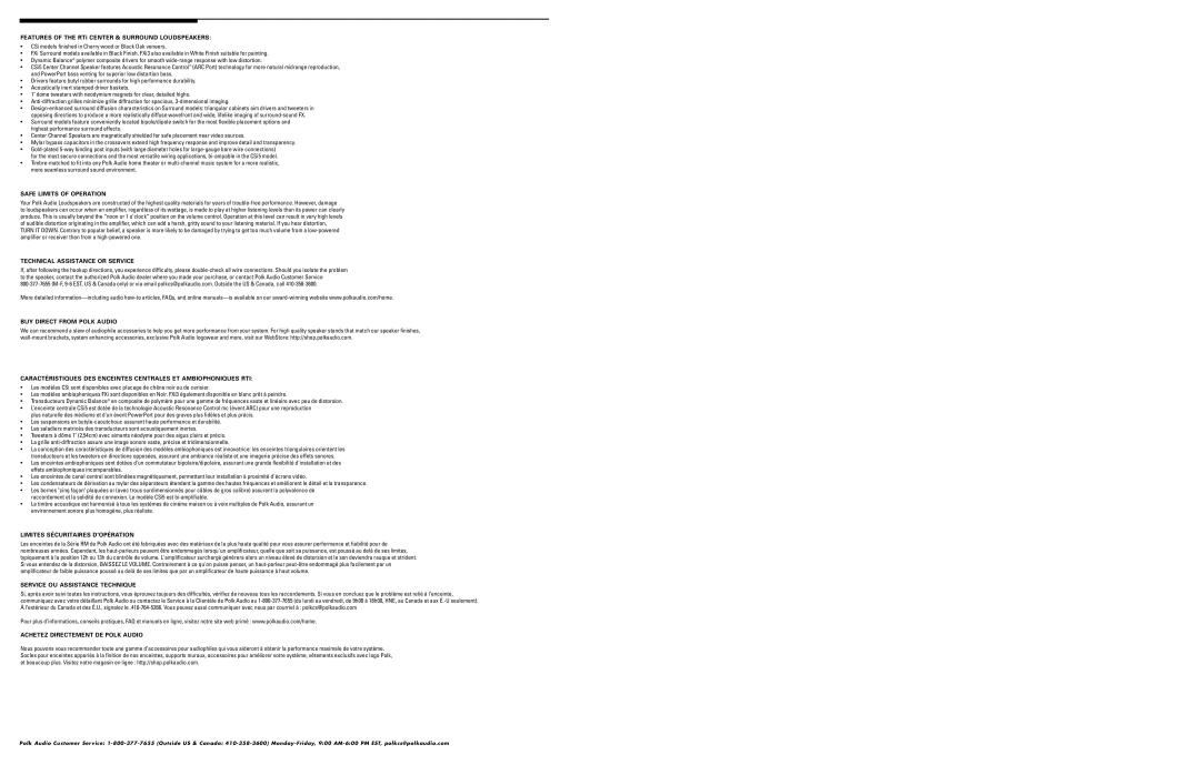 Polk Audio CSi owner manual Features of the RTi Center & Surround Loudspeakers, Safe Limits of Operation 