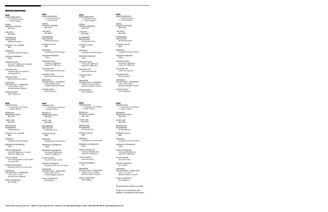 Polk Audio owner manual Specifications, CSi5, CSi3, FXi5, FXi3 