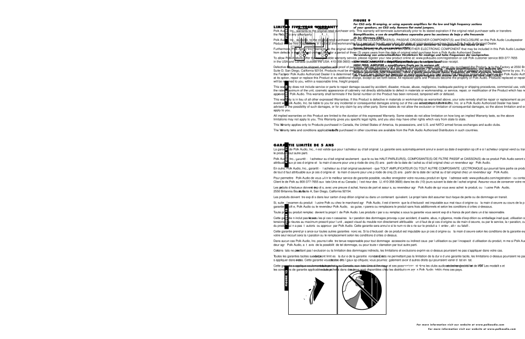 Polk Audio CSi owner manual Limited Five Year Warranty, Garantie Limitée DE 5 ANS 