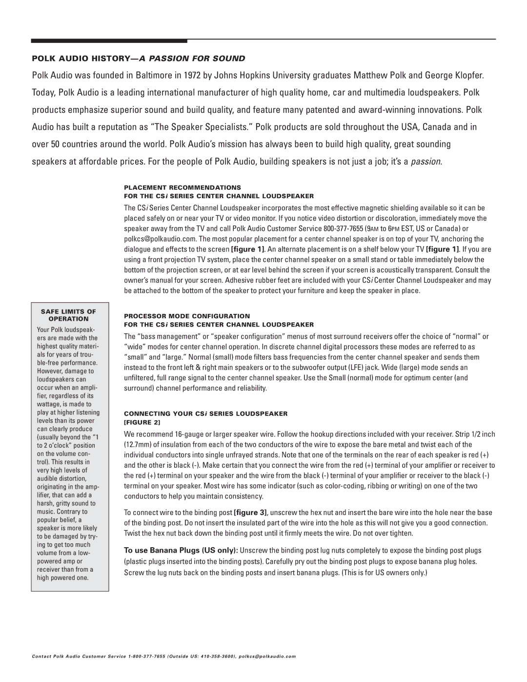 Polk Audio CSi25 owner manual Safe Limits Operation, Placement Recommendations, Processor Mode Configuration 