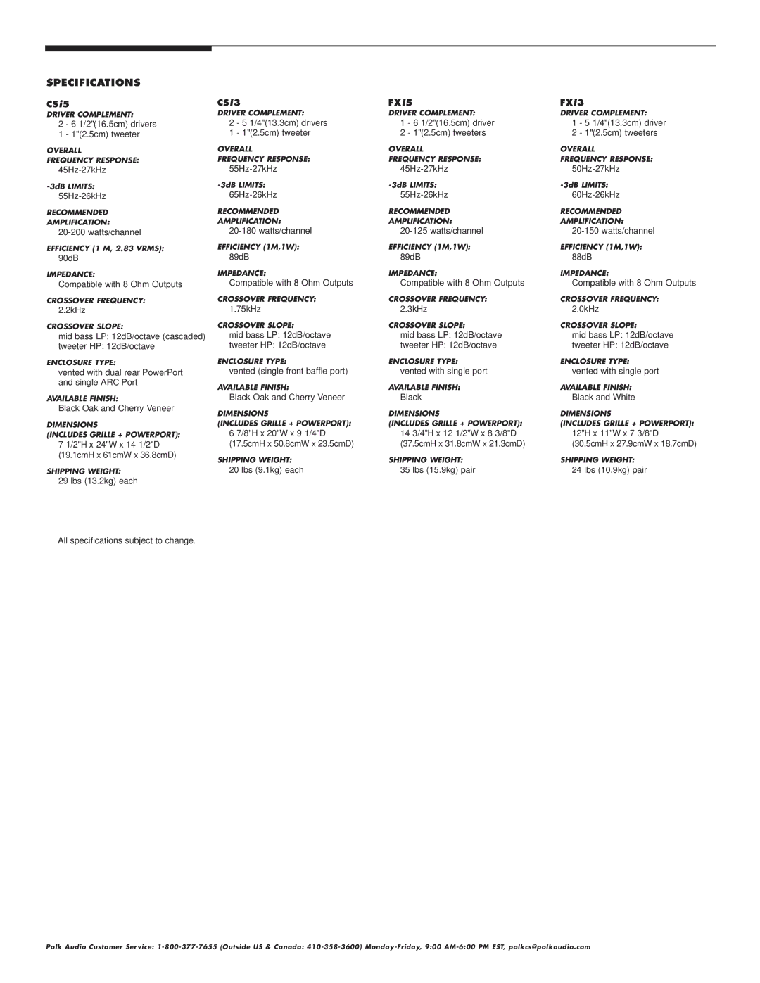 Polk Audio CSi5, CSi3 owner manual Specifications 