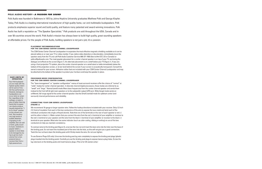 Polk Audio owner manual Safe Limits Operation, Connecting Your CSM Series Loudspeaker Figure 