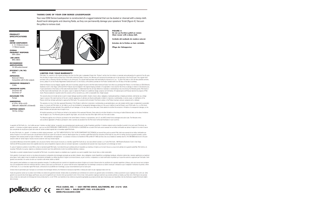 Polk Audio Taking Care of Your CSM Series Loudspeaker, Product Specifications CSM, Limited Five Year Warranty 