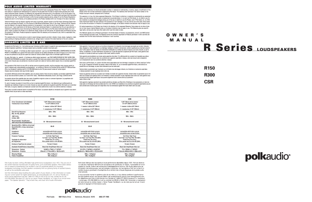 Polk Audio warranty R150 R300 CSR, O W N E R ’ S M A N U A L, R Series LOUDSPEAKERS, Polk Audio Limited Warranty 