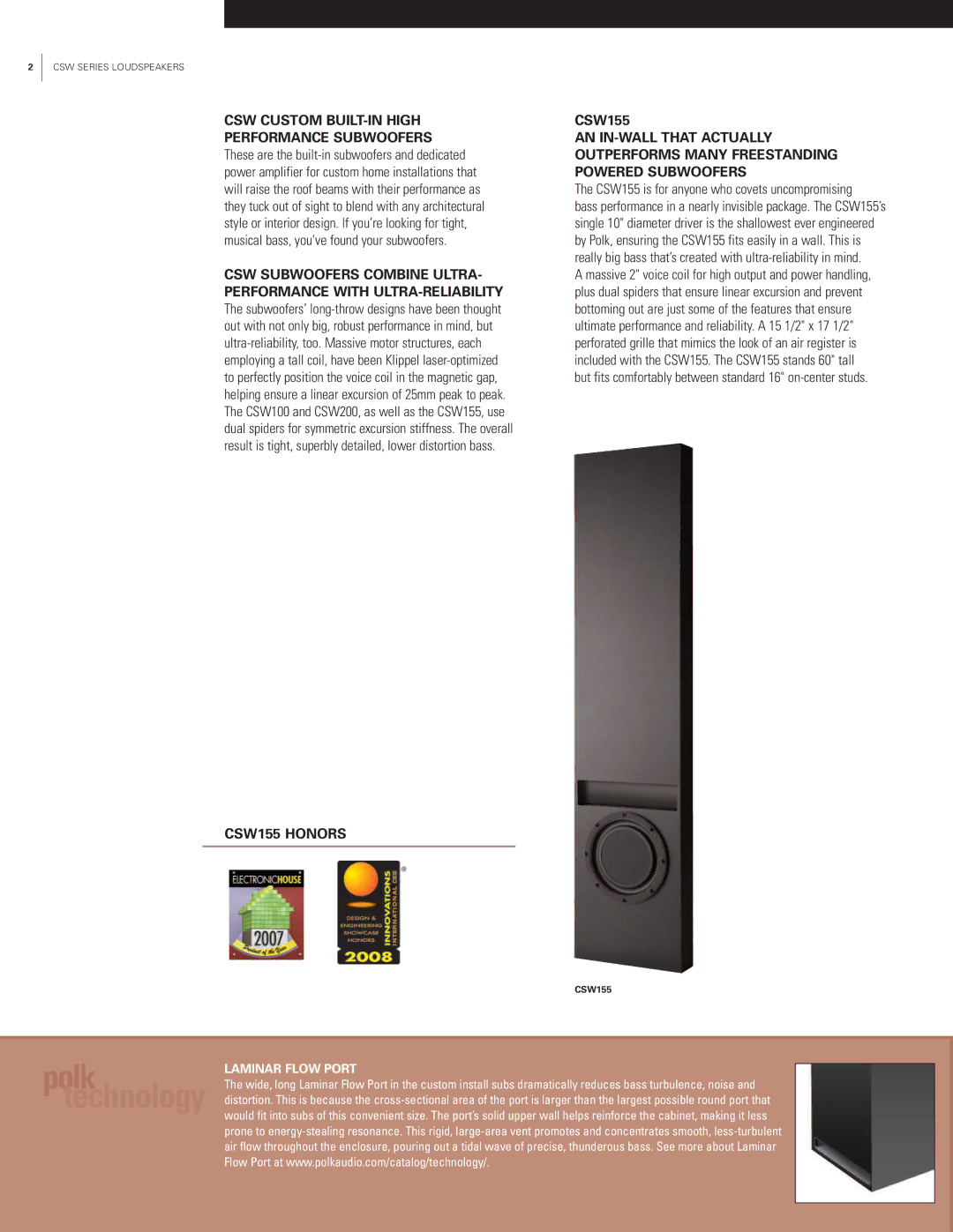 Polk Audio CSW Series Polk technology, CSW Custom BUILT-IN High Performance Subwoofers, CSW155 Honors, Laminar Flow Port 