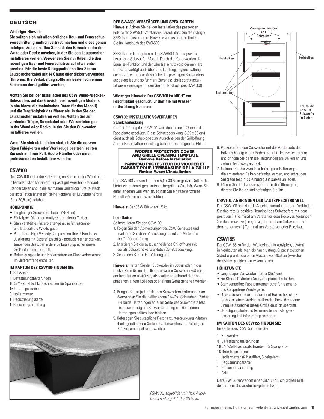 Polk Audio 100, CSW200, CSW155 owner manual Deutsch 