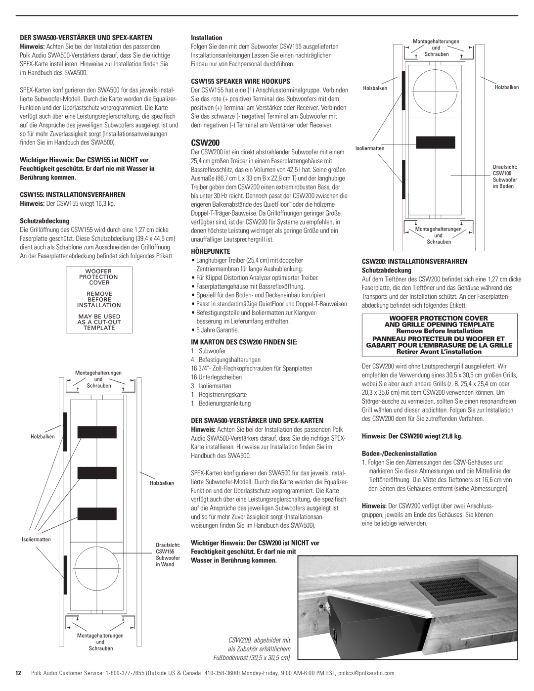 Polk Audio 100 CSW155 Installationsverfahren, IM Karton DES CSW200 Finden SIE, CSW200 Installationsverfahren 