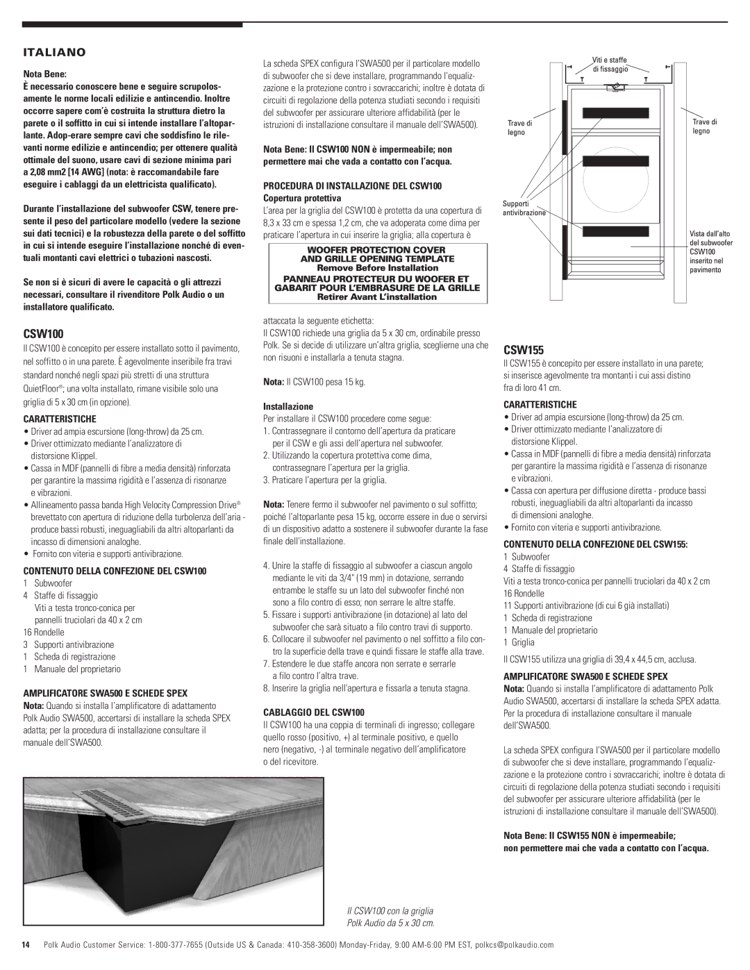 Polk Audio 100, CSW200, CSW155 owner manual Italiano 