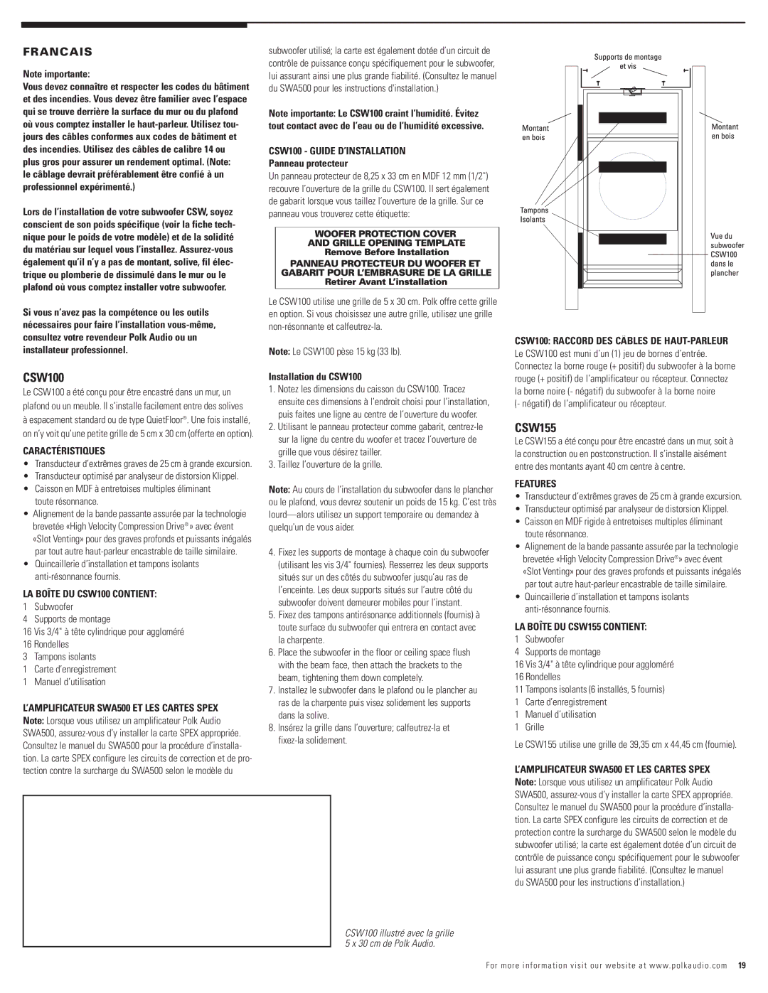 Polk Audio CSW155, CSW200, 100 owner manual Francais 