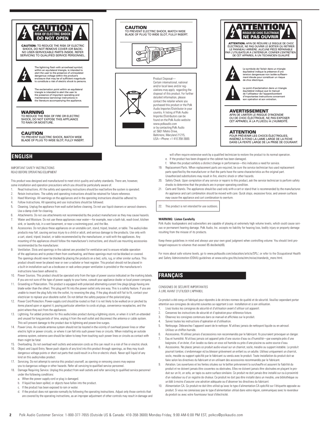 Polk Audio 100, CSW200, CSW155 owner manual English 