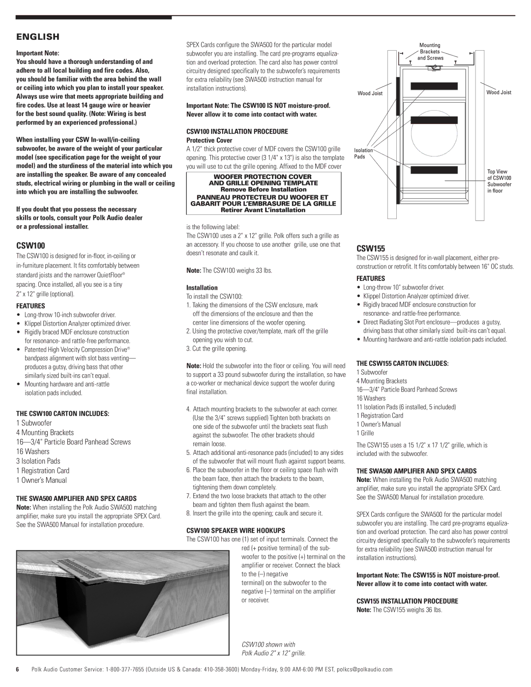 Polk Audio CSW200, CSW155 Features, CSW100 Carton Includes, SWA500 Amplifier and Spex Cards, CSW100 Installation Procedure 