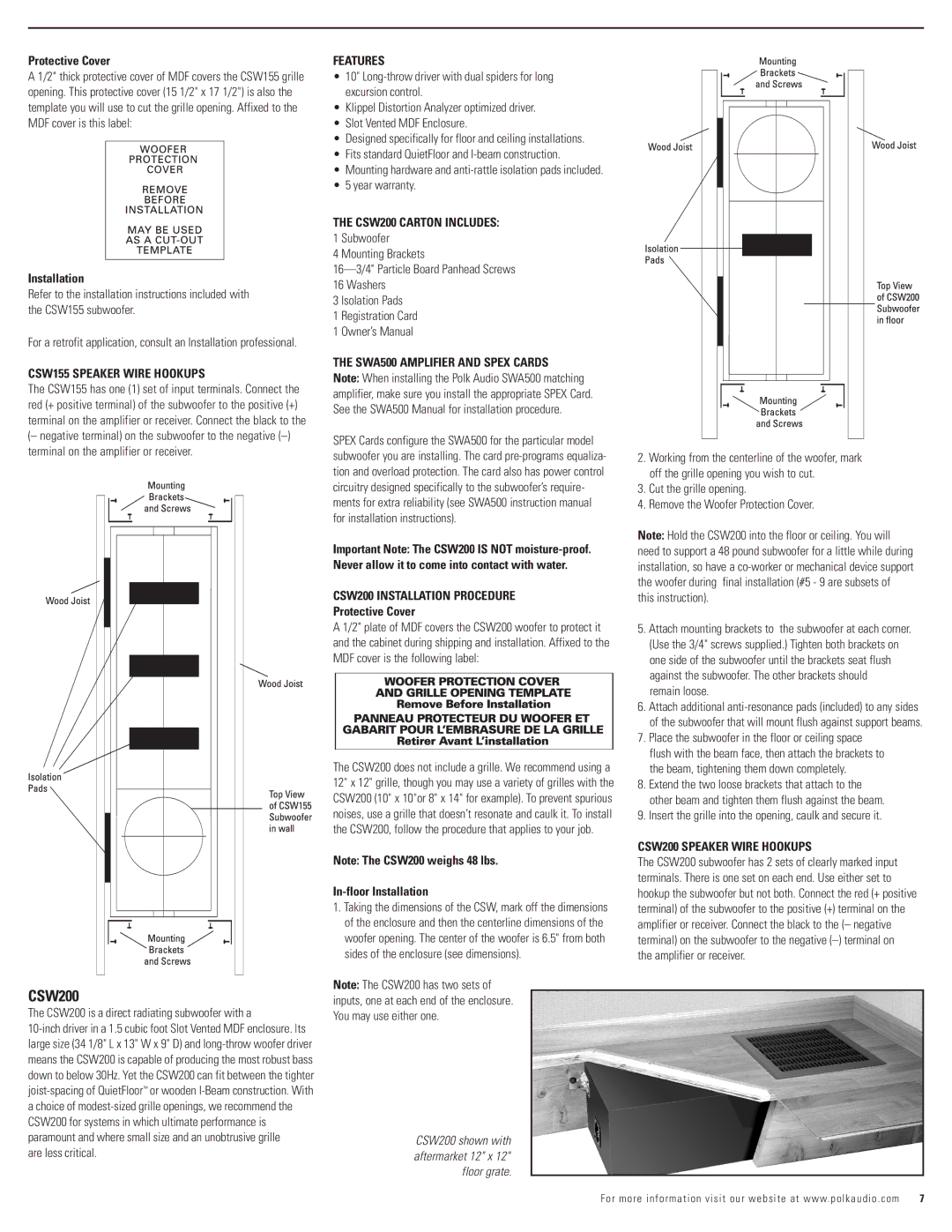 Polk Audio CSW155 Speaker Wire Hookups, CSW200 Carton Includes, CSW200 Installation Procedure, In-floor Installation 