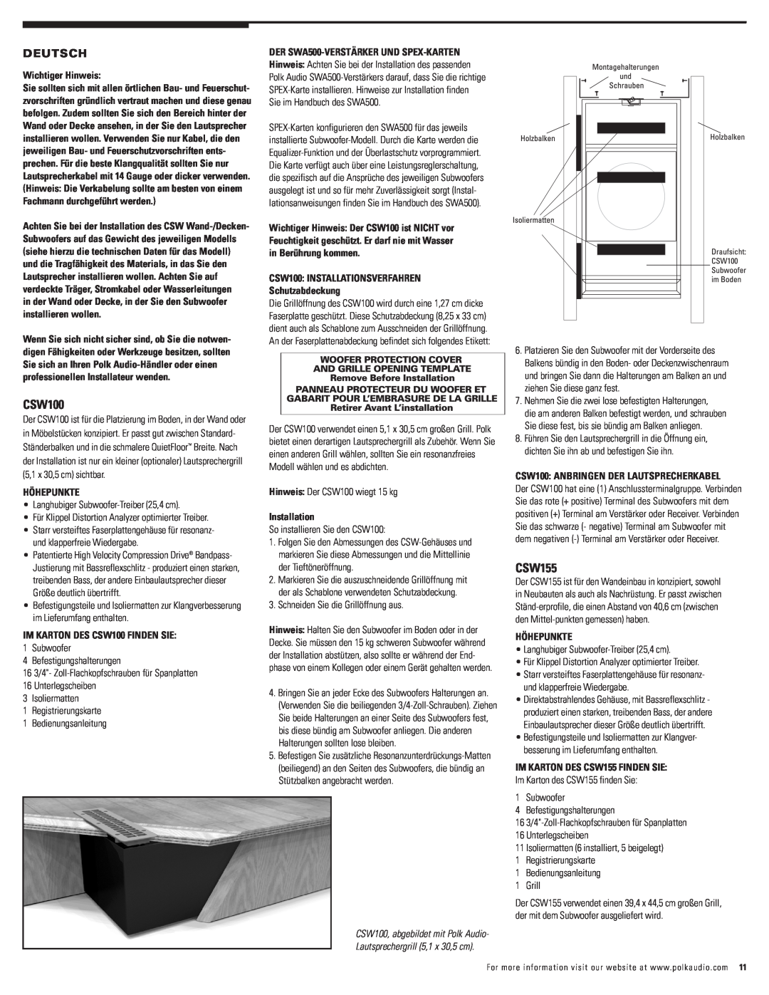 Polk Audio CSW200 owner manual CSW100, CSW155, Deutsch, Lautsprechergrill 5,1 x 30,5 cm 