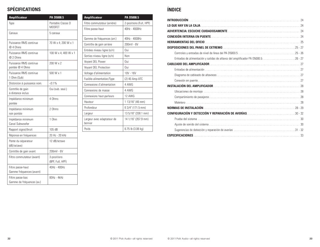 Polk Audio manual Spécifications, Índice, Amplificateur PA D5000.5 