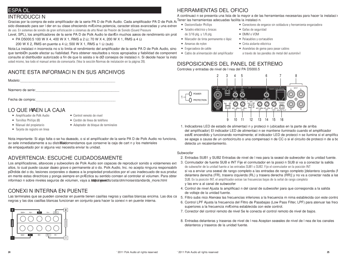 Polk Audio D5000.5 Introducción, Anote Esta Información EN SUS Archivos, LO QUE HAY EN LA Caja, Herramientas DEL Oficio 