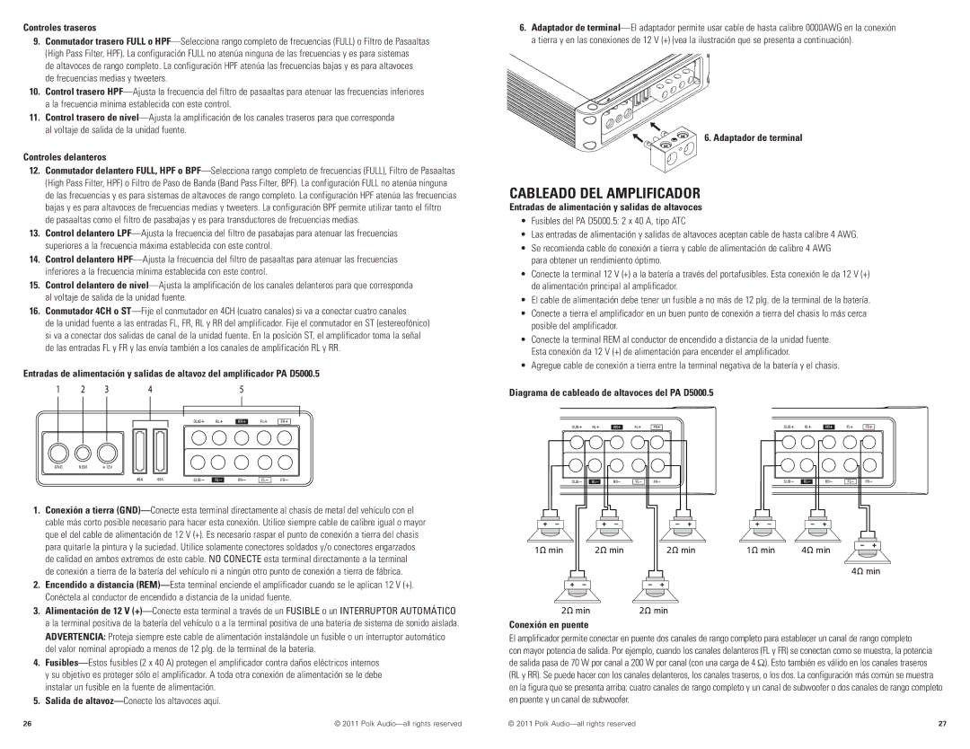 Polk Audio D5000.5 manual Cableado DEL Amplificador 