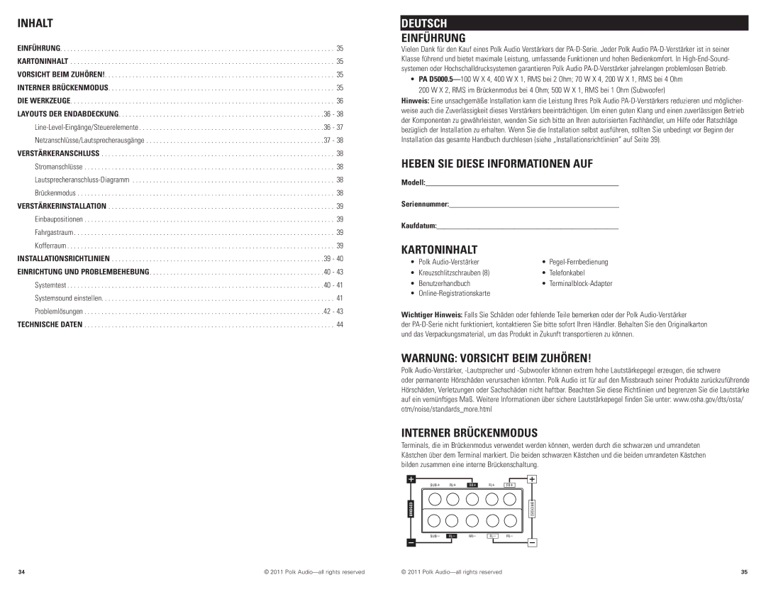 Polk Audio D5000.5 Inhalt, Einführung, Heben SIE Diese Informationen AUF, Kartoninhalt, Warnung Vorsicht Beim Zuhören 