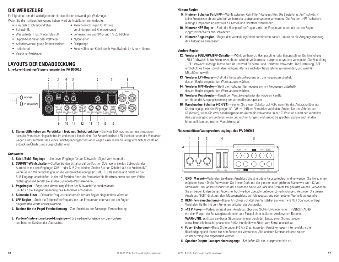 Polk Audio manual DIE Werkzeuge, Vordere Regler, Netzanschlüsse/Lautsprecherausgänge des PA D5000.5 