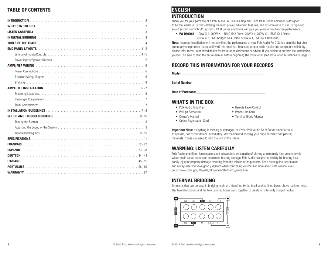 Polk Audio D5000.5 manual Table of Contents, WHAT’S in the BOX 