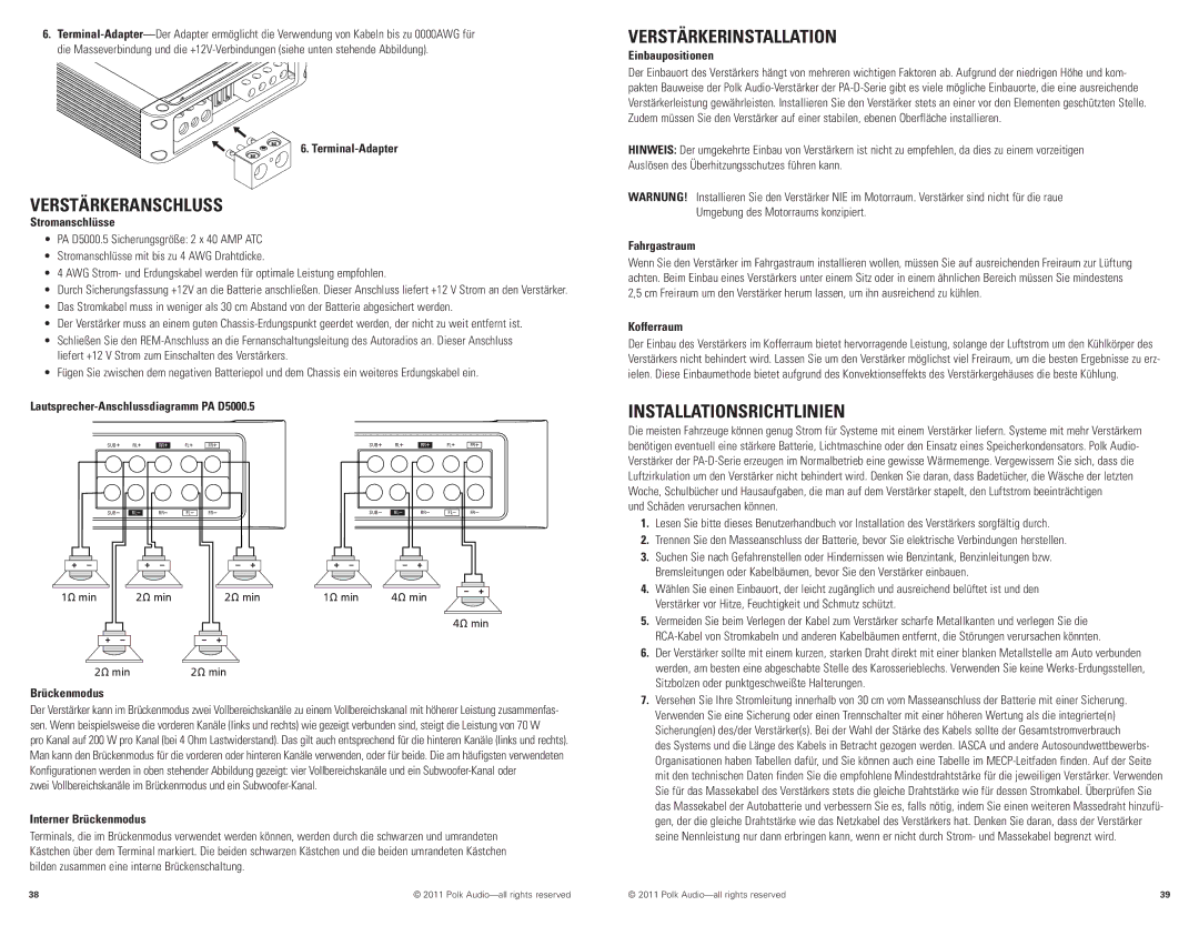 Polk Audio D5000.5 manual Verstärkeranschluss, Verstärkerinstallation, Installationsrichtlinien 