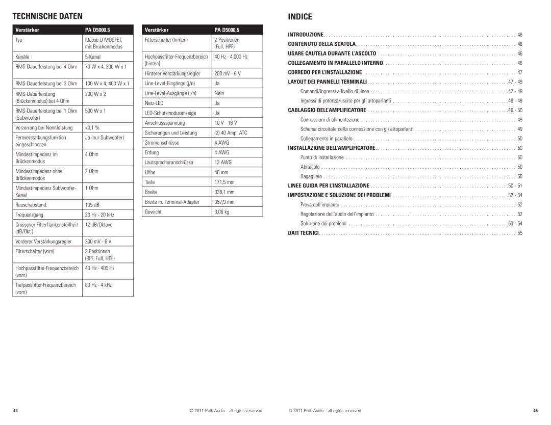 Polk Audio manual Technische Daten, Indice, Verstärker PA D5000.5 