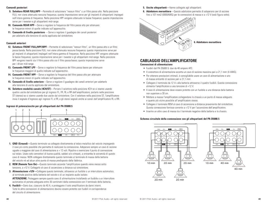 Polk Audio D5000.5 manual Cablaggio DELL’AMPLIFICATORE, Comandi posteriori, Comandi anteriori, Adattatore morsettiera 