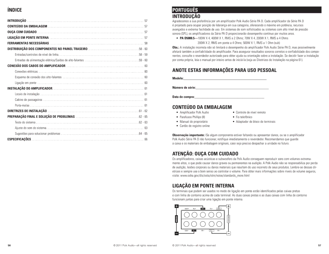 Polk Audio D5000.5 Introdução, Anote Estas Informações Para USO Pessoal, Atenção Ouça COM Cuidado Ligação EM Ponte Interna 