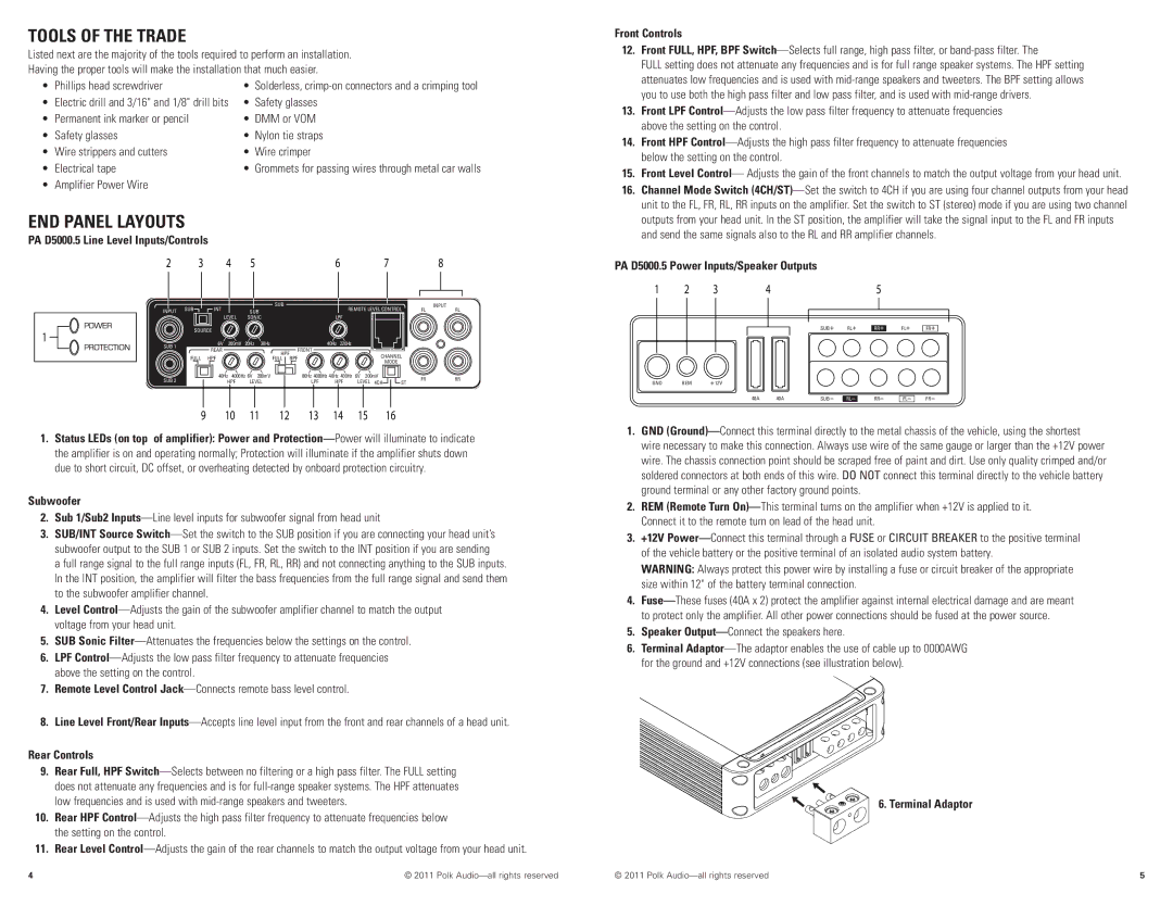 Polk Audio D5000.5 manual End Panel Layouts, Tools of the Trade 