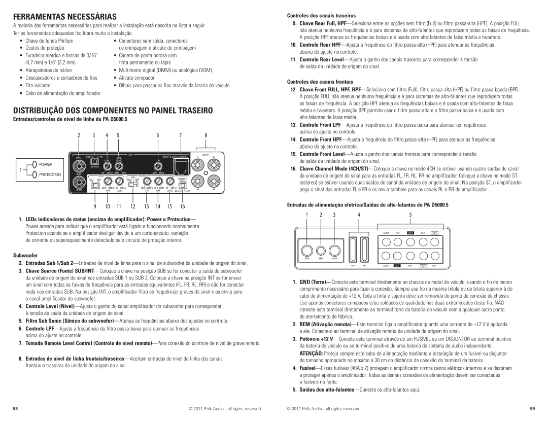 Polk Audio D5000.5 manual Ferramentas Necessárias, Controles dos canais frontais 