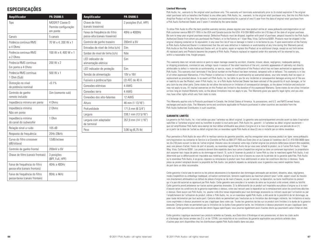 Polk Audio D5000.5 manual Especificações 