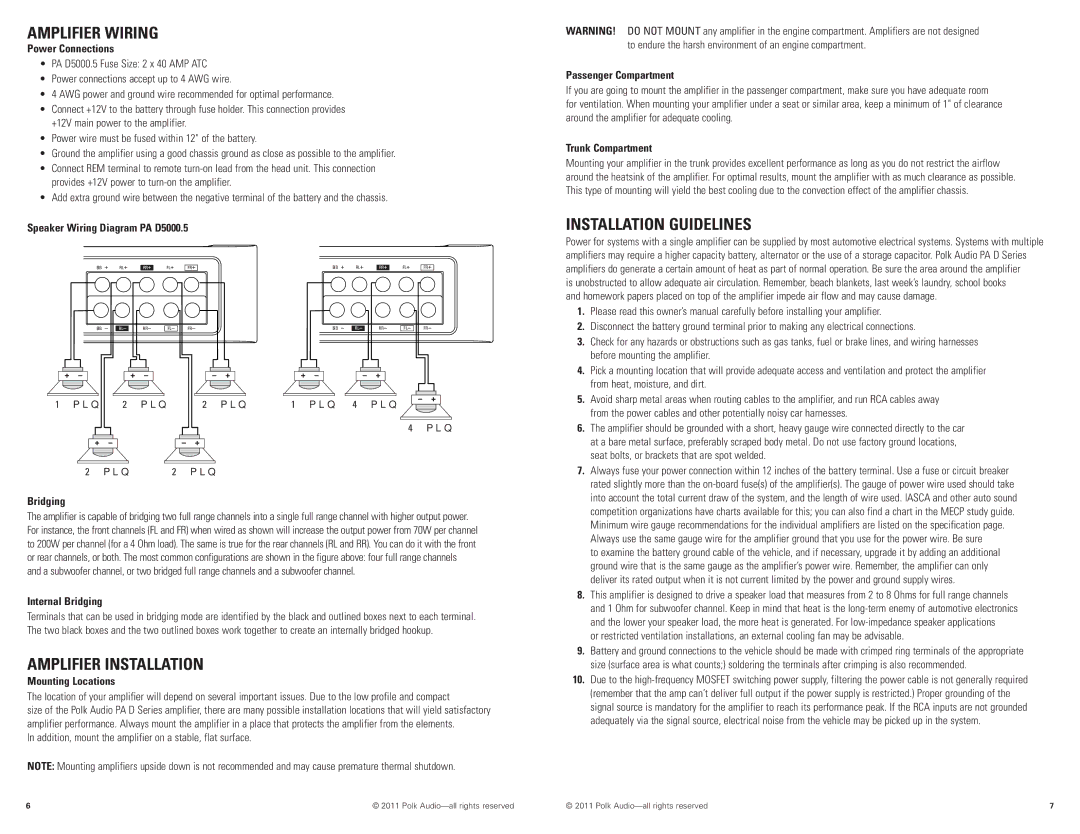 Polk Audio D5000.5 manual Amplifier Wiring, Amplifier Installation, Installation Guidelines 