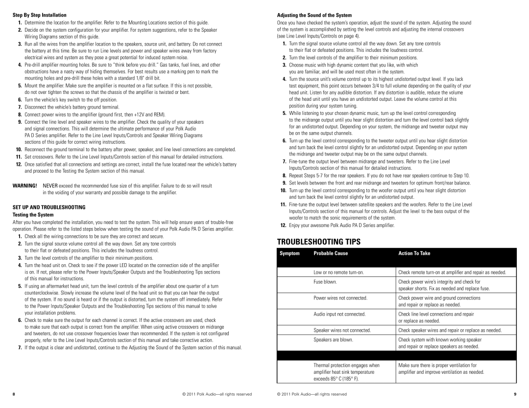 Polk Audio D5000.5 manual Troubleshooting Tips, SET UP and Troubleshooting, Symptom Probable Cause Action To Take 