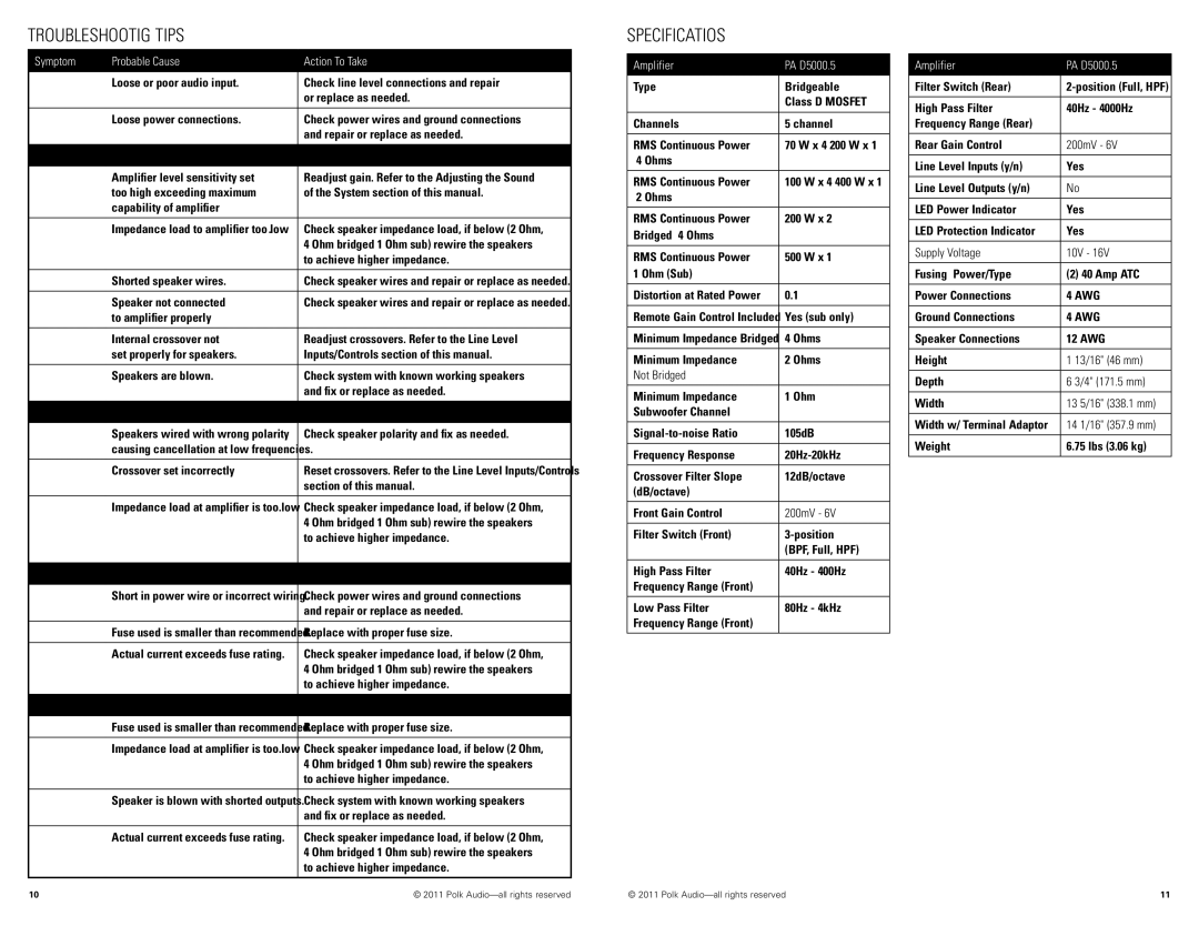 Polk Audio manual Specifications, Amplifier PA D5000.5 