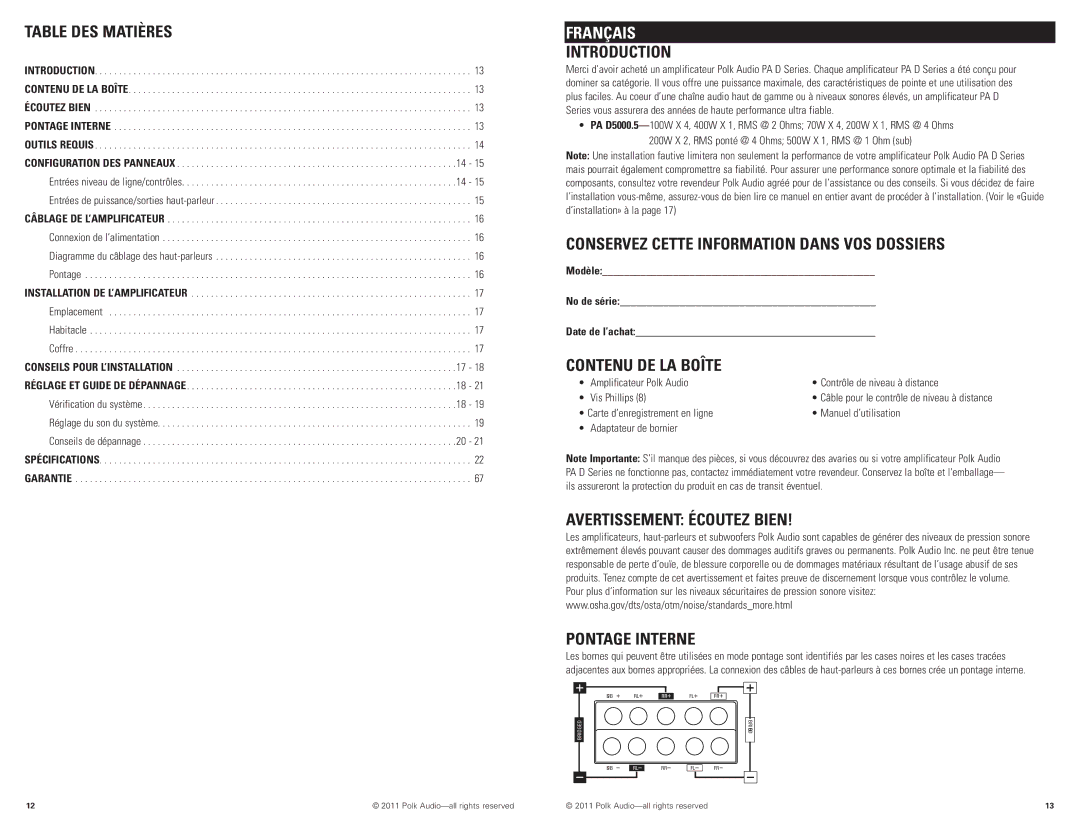 Polk Audio D5000.5 manual Introduction, Conservez Cette Information Dans VOS Dossiers, Contenu DE LA Boîte 