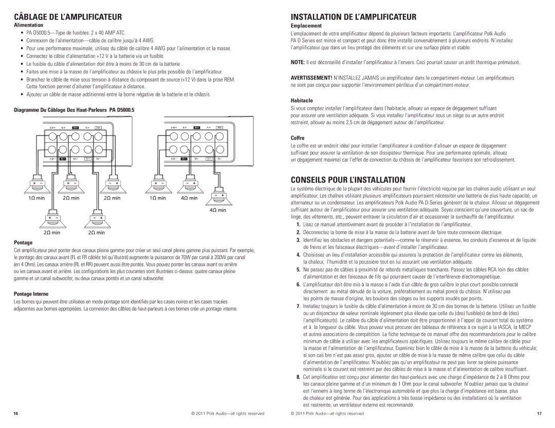 Polk Audio D5000.5 manual Câblage DE L’AMPLIFICATEUR, Installation DE L’AMPLIFICATEUR, Conseils Pour L’INSTALLATION 