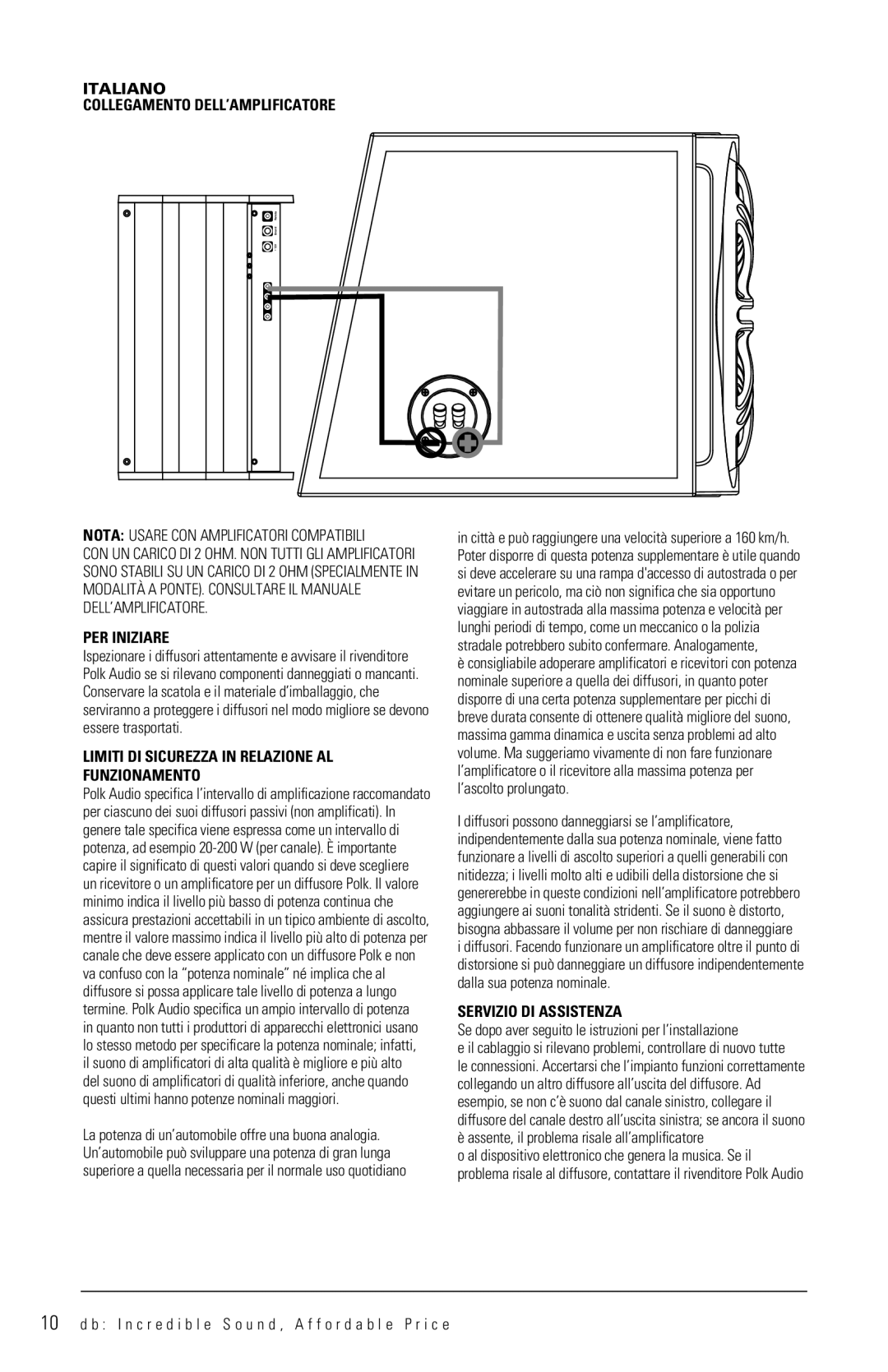 Polk Audio DB1222, DB1212 manual Italiano Collegamento DELL’AMPLIFICATORE, PER Iniziare, Limiti DI Sicurezza in Relazione AL 