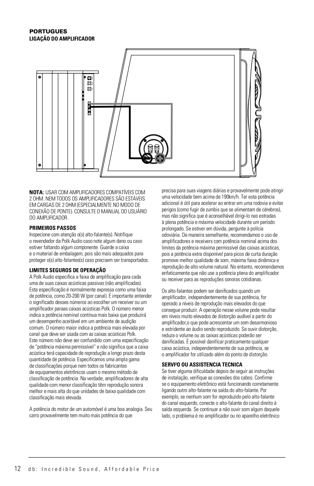 Polk Audio DB1222, DB1212 manual Portugues Ligação do Amplificador, Primeiros Passos, Limites Seguros DE Operação 