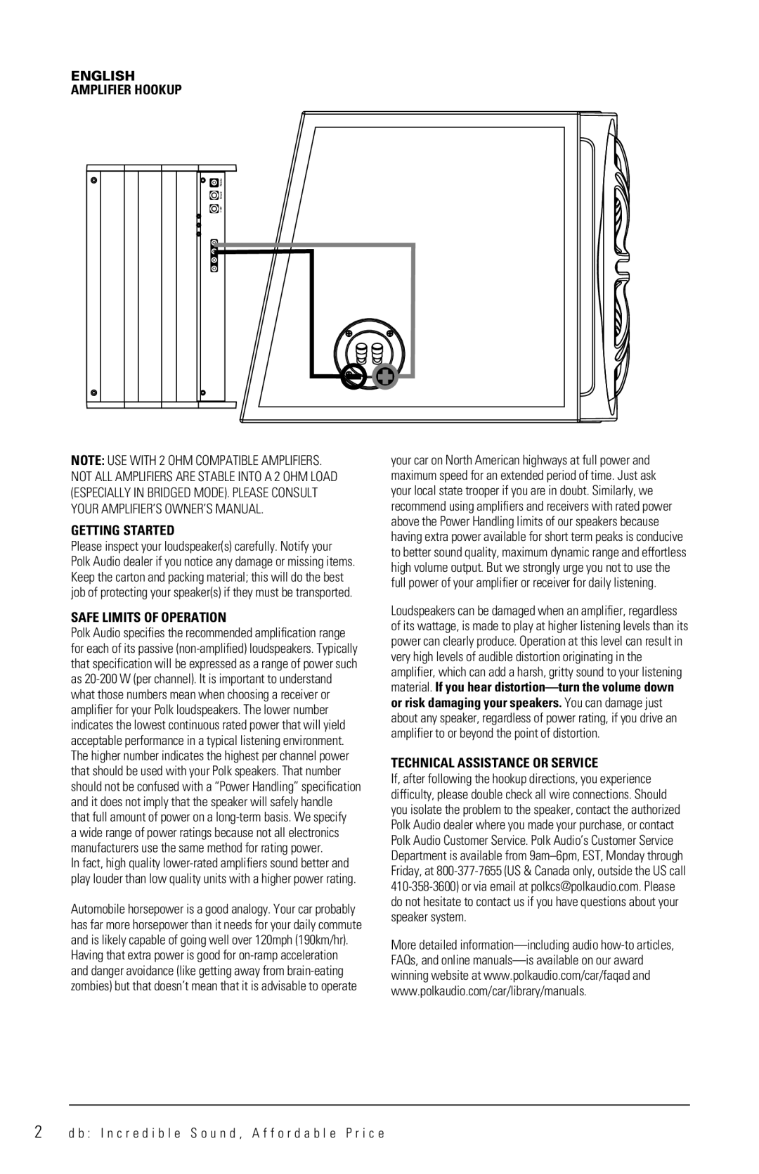 Polk Audio DB1222 English Amplifier Hookup Getting Started, Safe Limits of Operation, Technical Assistance or Service 