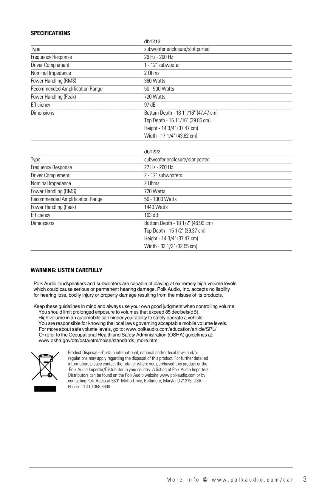 Polk Audio DB1212, DB1222 manual Specifications 