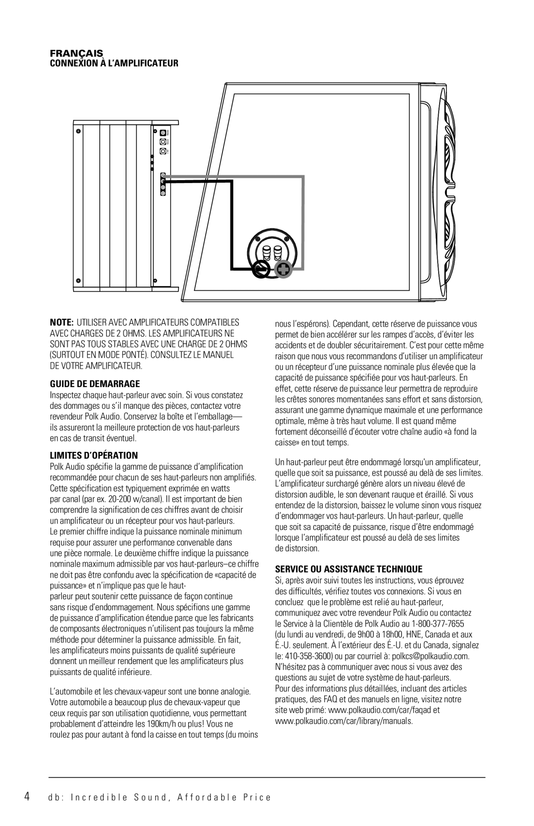 Polk Audio DB1222, DB1212 manual Français Connexion À L’AMPLIFICATEUR Guide DE Demarrage, Limites D’OPÉRATION 