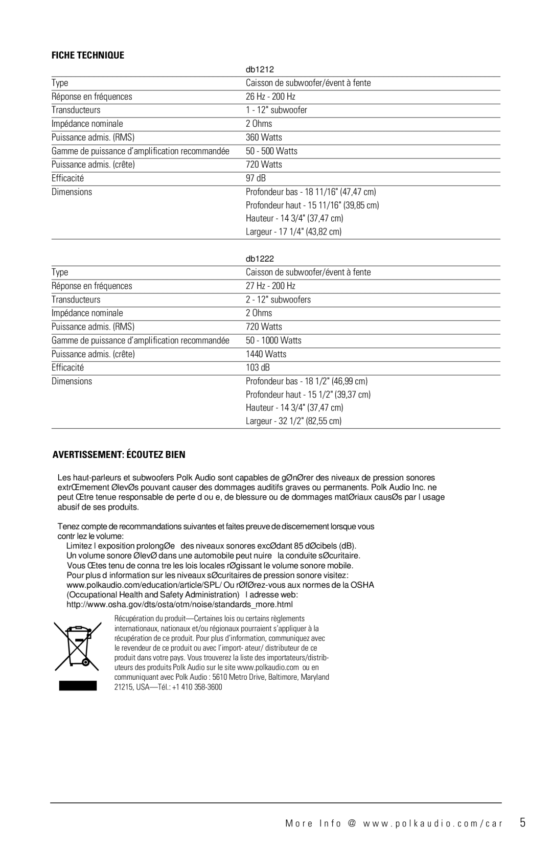 Polk Audio DB1212, DB1222 manual Fiche Technique, Avertissement Écoutez Bien 