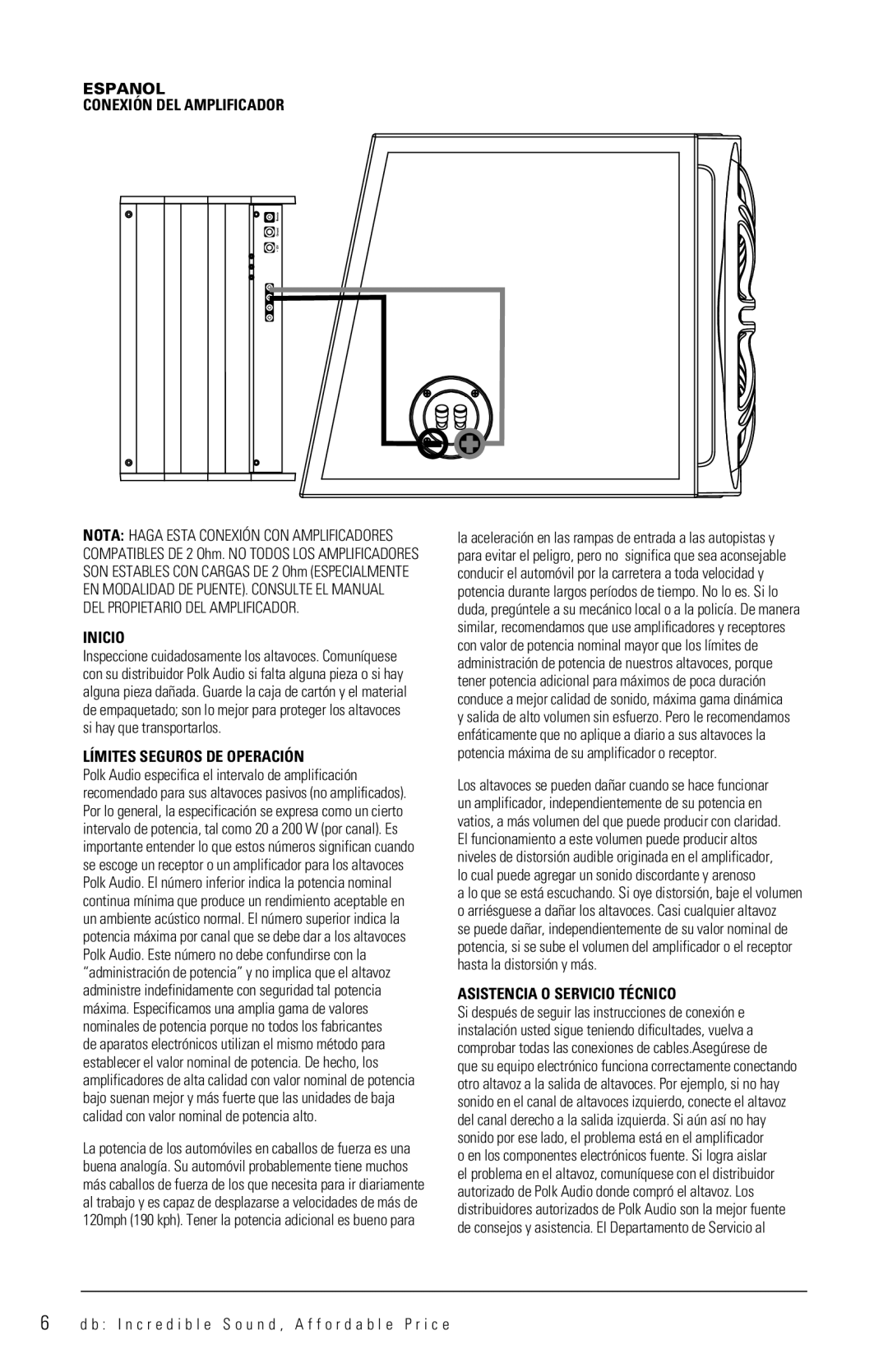 Polk Audio DB1222 Espanol Conexión DEL Amplificador, Inicio, Límites Seguros DE Operación, Asistencia O Servicio Técnico 