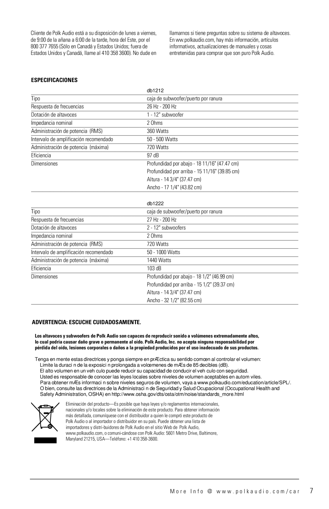 Polk Audio DB1212, DB1222 manual Especificaciones, Advertencia Escuche Cuidadosamente 