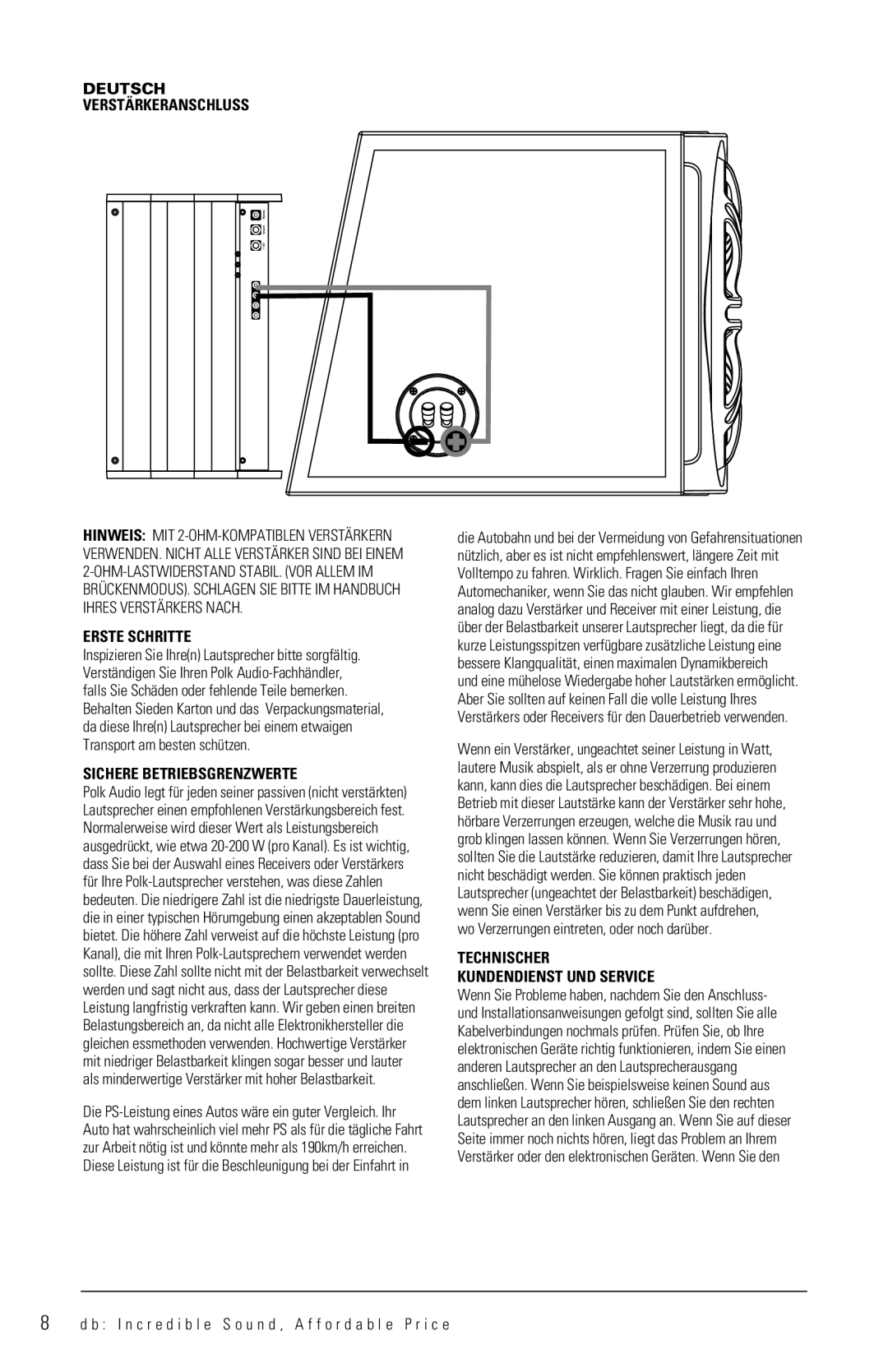 Polk Audio DB1222, DB1212 manual Deutsch Verstärkeranschluss, Erste Schritte, Sichere Betriebsgrenzwerte 