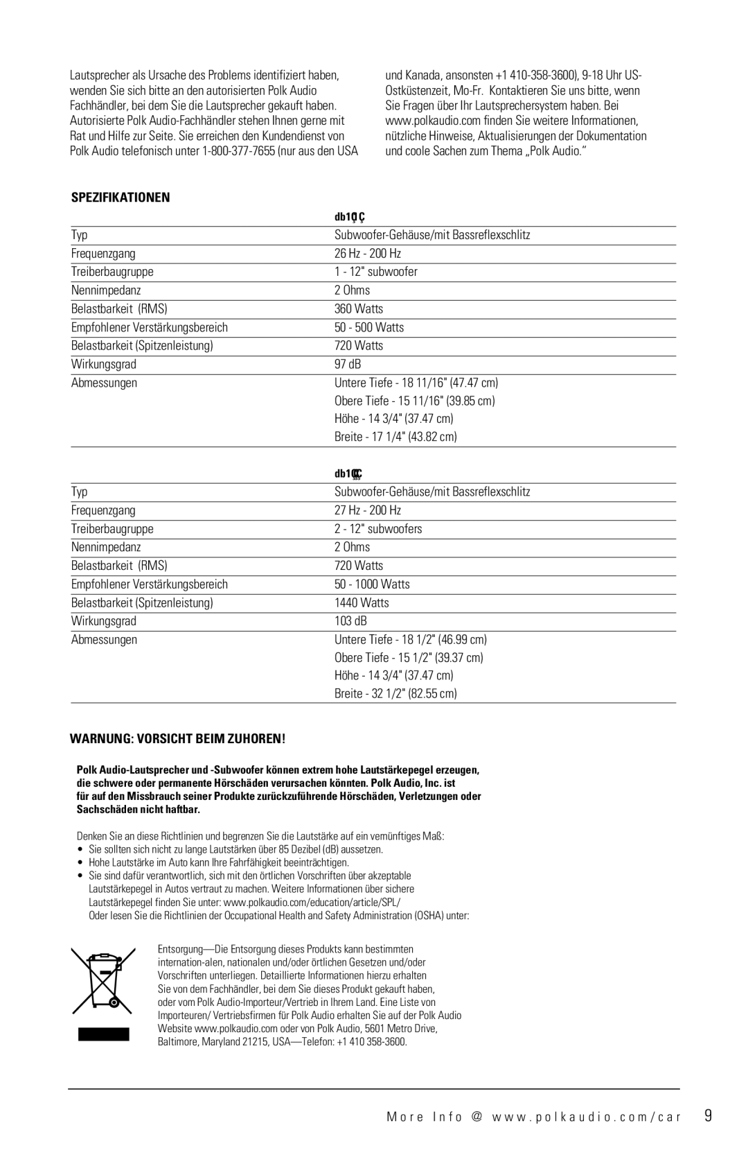 Polk Audio DB1212, DB1222 manual Spezifikationen, Warnung Vorsicht Beim Zuhoren 