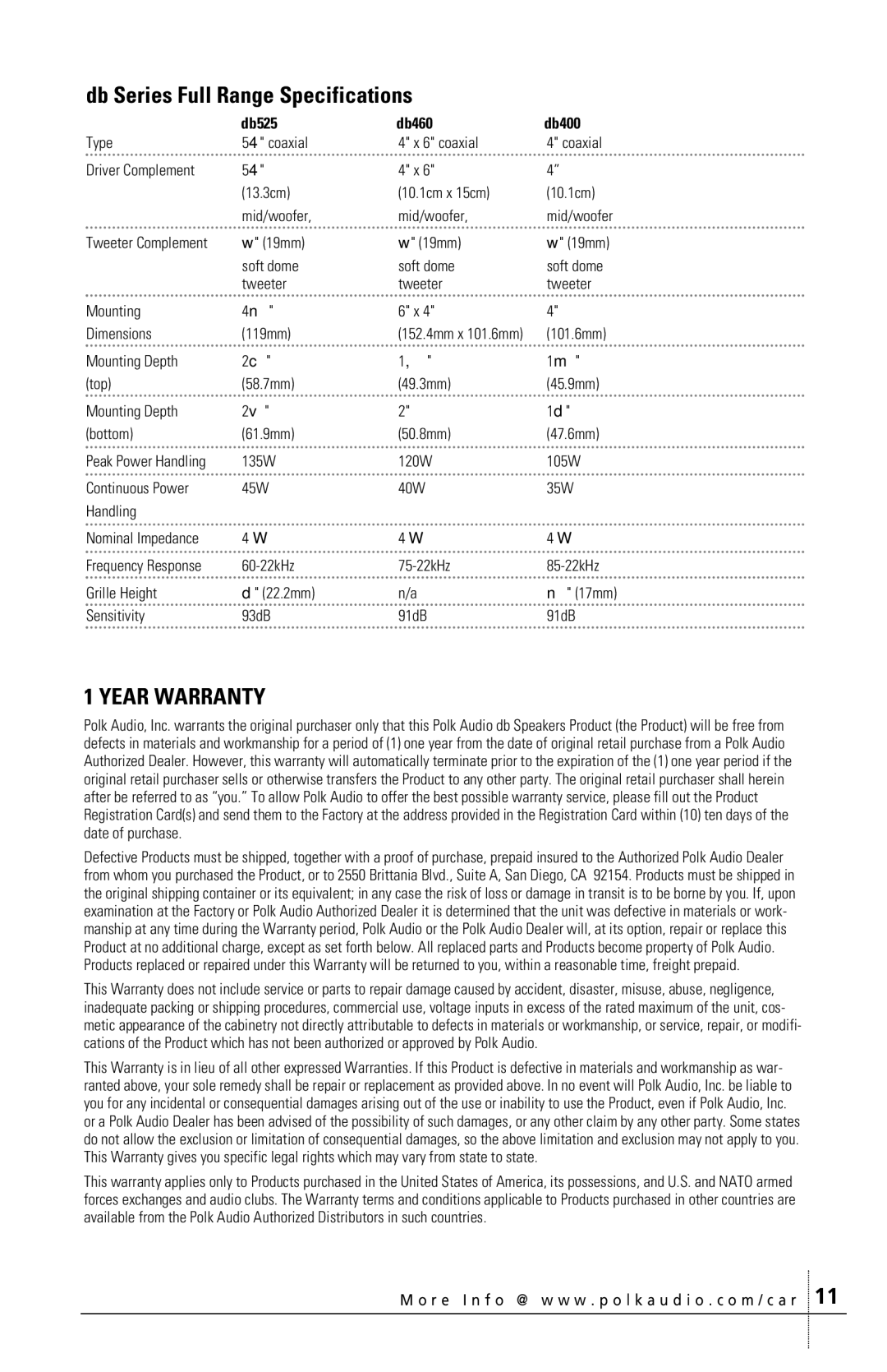 Polk Audio DB400 manual Db Series Full Range Specifications, Db525 Db460 Db400 