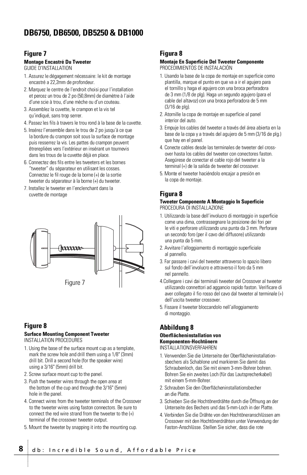 Polk Audio DB400 manual Montage Encastré Du Tweeter, Surface Mounting Component Tweeter 