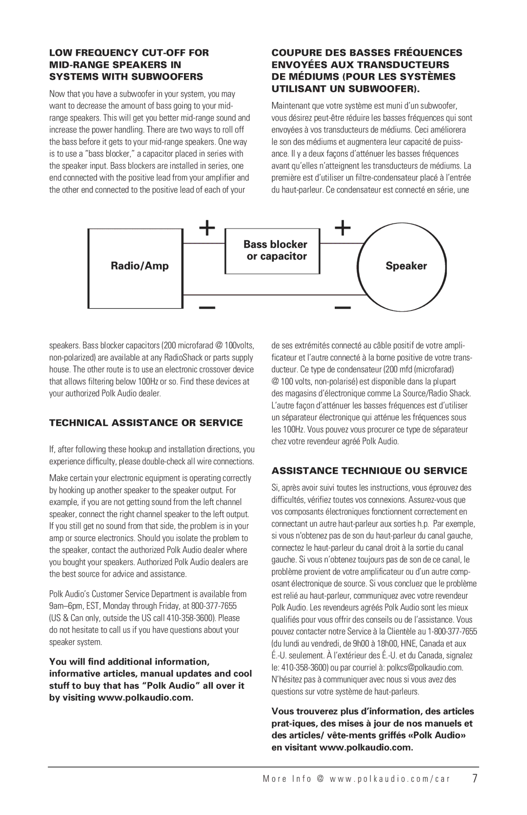 Polk Audio DB804 manual Technical Assistance or Service, Assistance Technique OU Service 