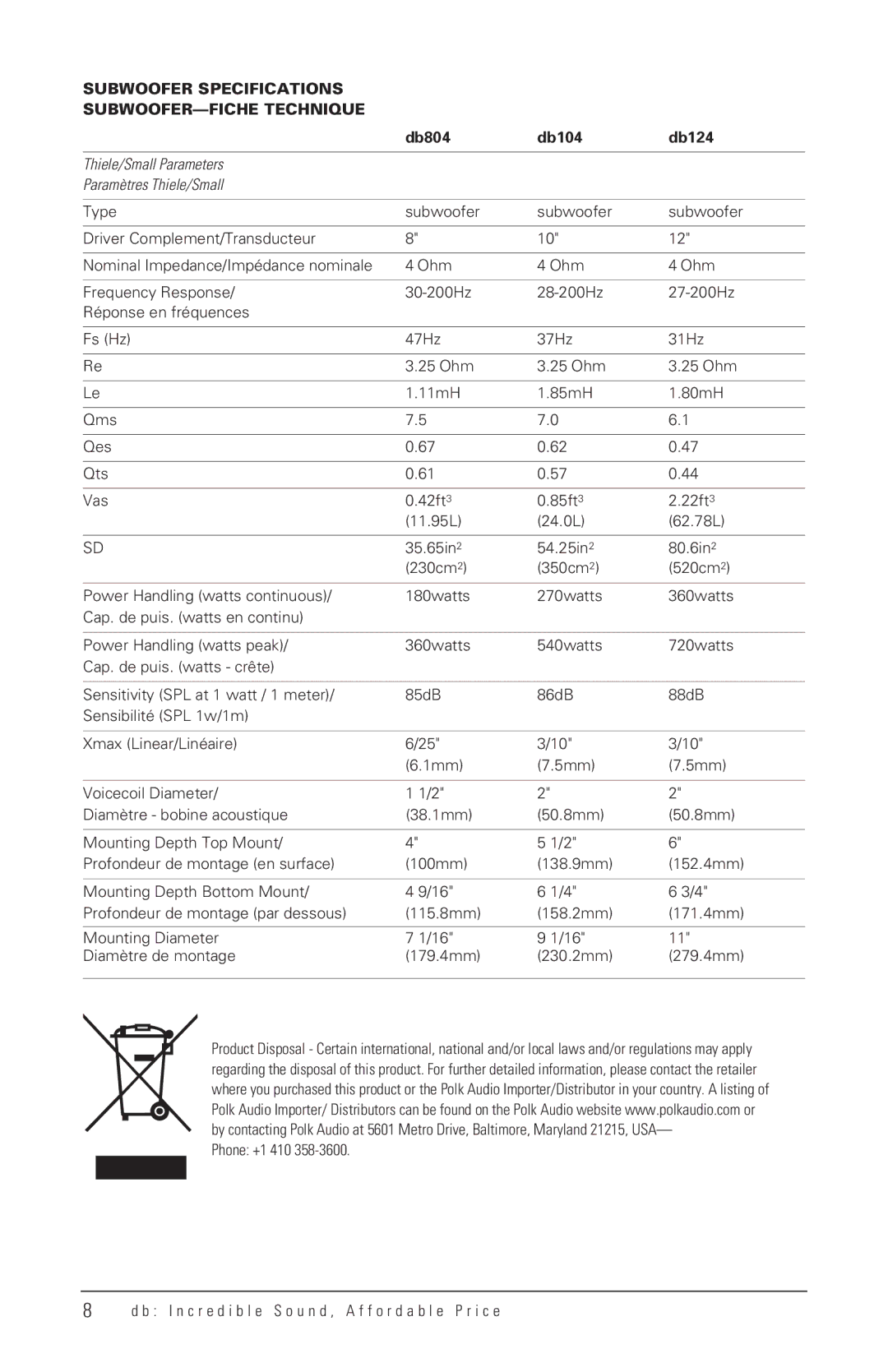 Polk Audio DB804 manual Subwoofer Specifications SUBWOOFER-FICHE Technique, Db804 Db104 Db124 