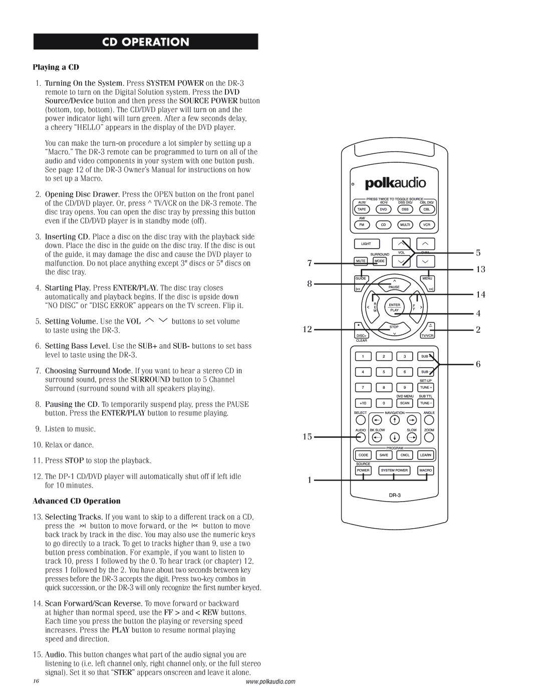 Polk Audio DP-1 manual Playing a CD, Advanced CD Operation 